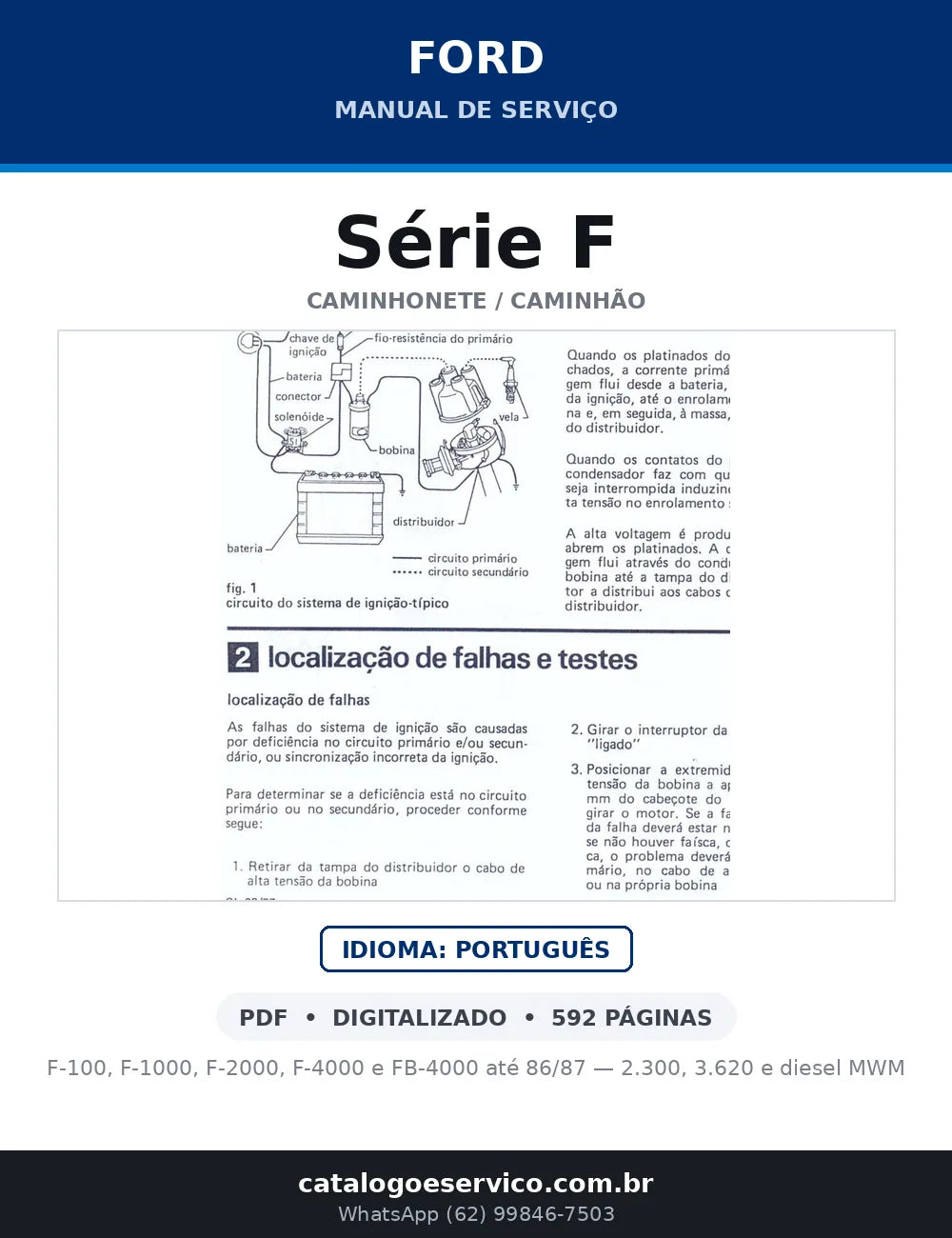 Capa do Manual de Serviço Ford Série F em PDF — F-100, F-1000, F-2000, F-4000 e FB-4000 até 86/87 — 2.300, 3.620 e diesel MWM
