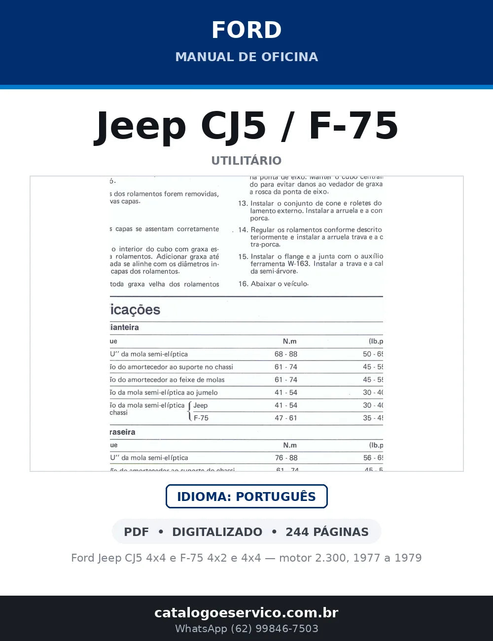 Capa do Manual de Oficina Ford Jeep CJ5 / F-75 em PDF — Ford Jeep CJ5 4x4 e F-75 4x2 e 4x4 — motor 2.300, 1977 a 1979