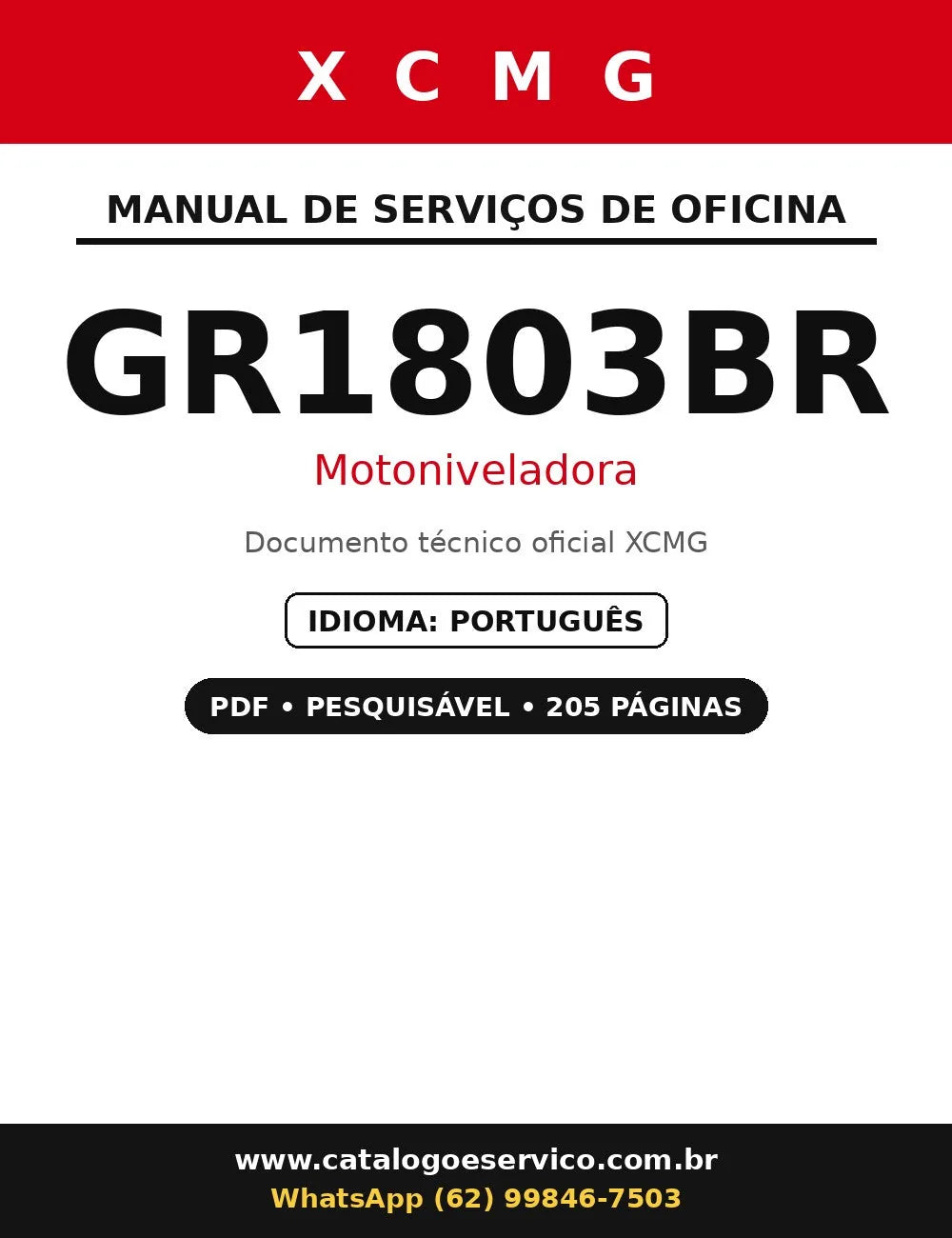 Capa do manual de serviço de oficina XCMG GR1803BR motoniveladora em PDF, 205 páginas em português