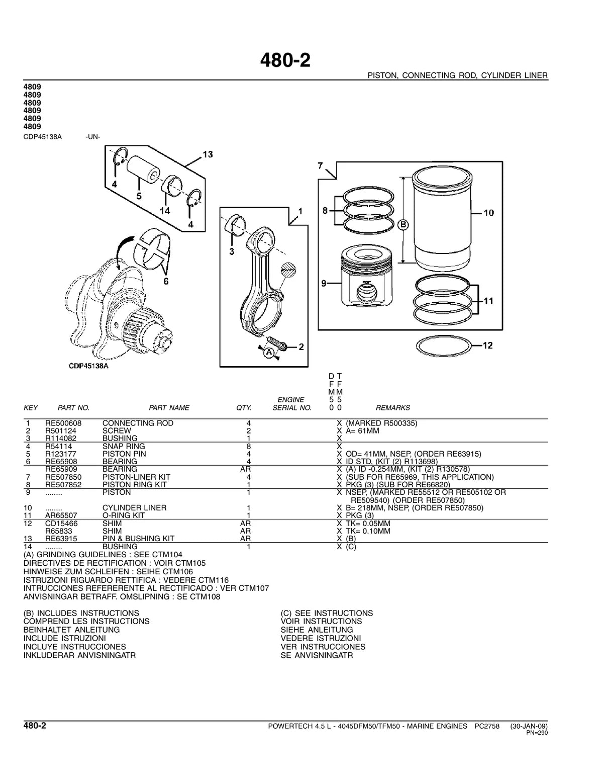 John Deere Motor 4045D FM50 TFM50 — motor, vista explodida 1