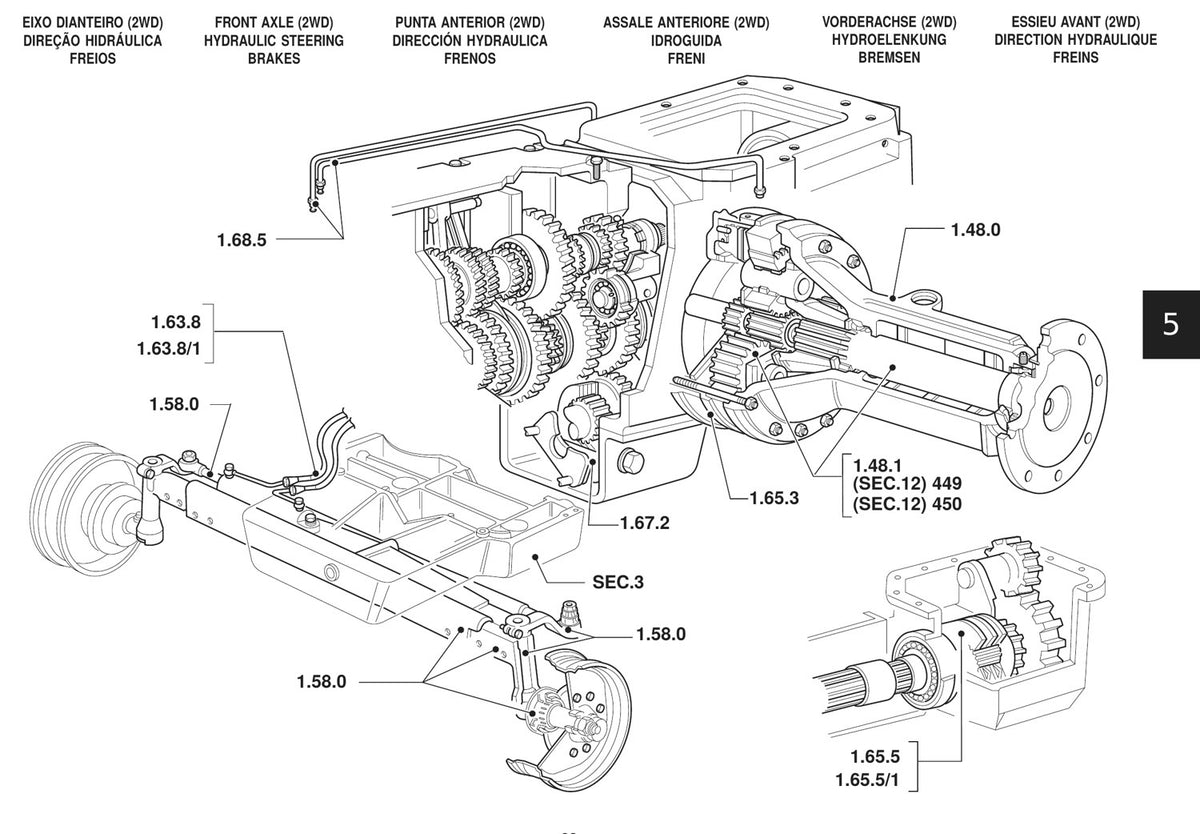 Vista explodida - Catálogo Peças Trator New Holland TL65/70/80/90/100 - eixo dianteiro