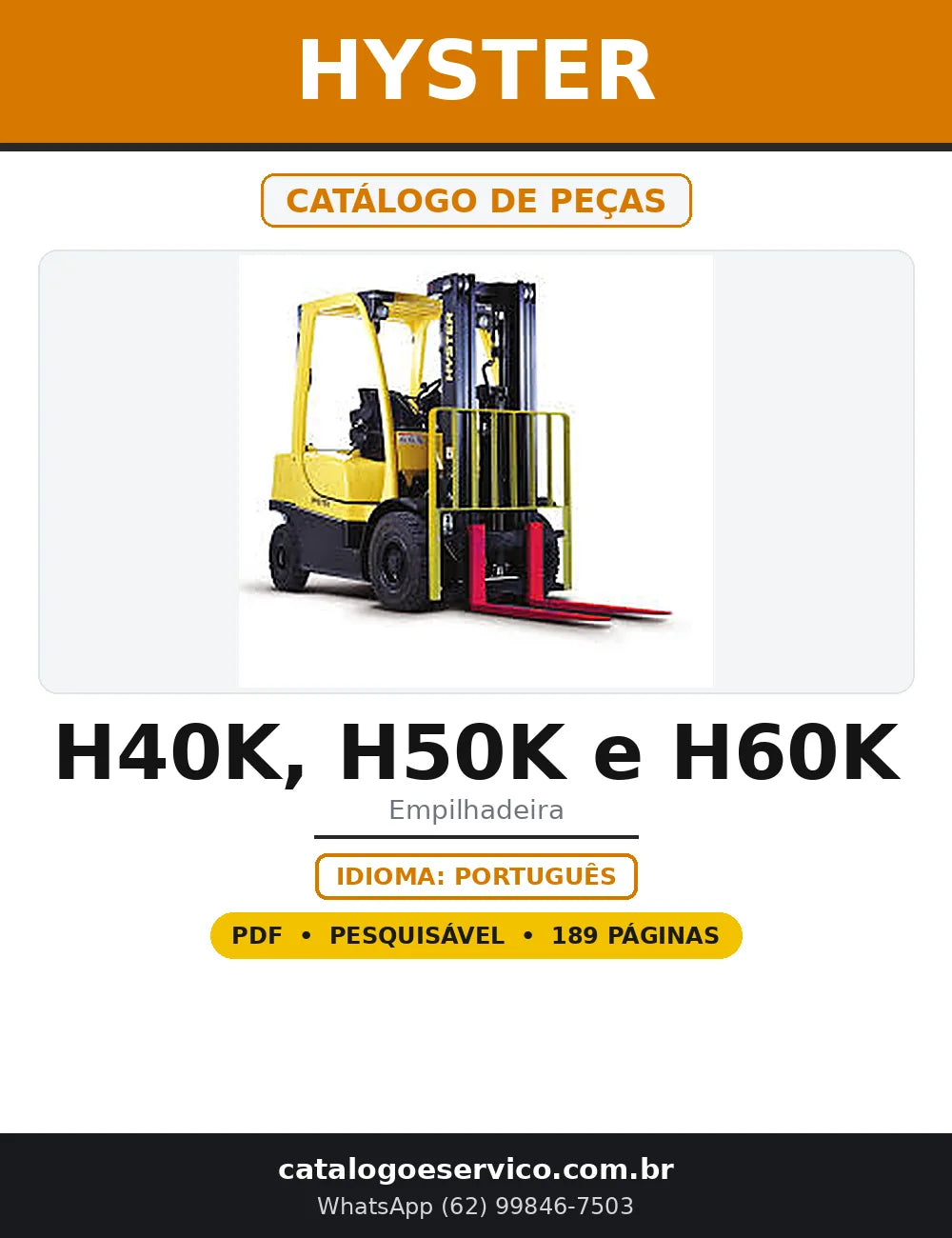 Capa do Catálogo de Peças Hyster H40K, H50K e H60K em PDF com 189 páginas