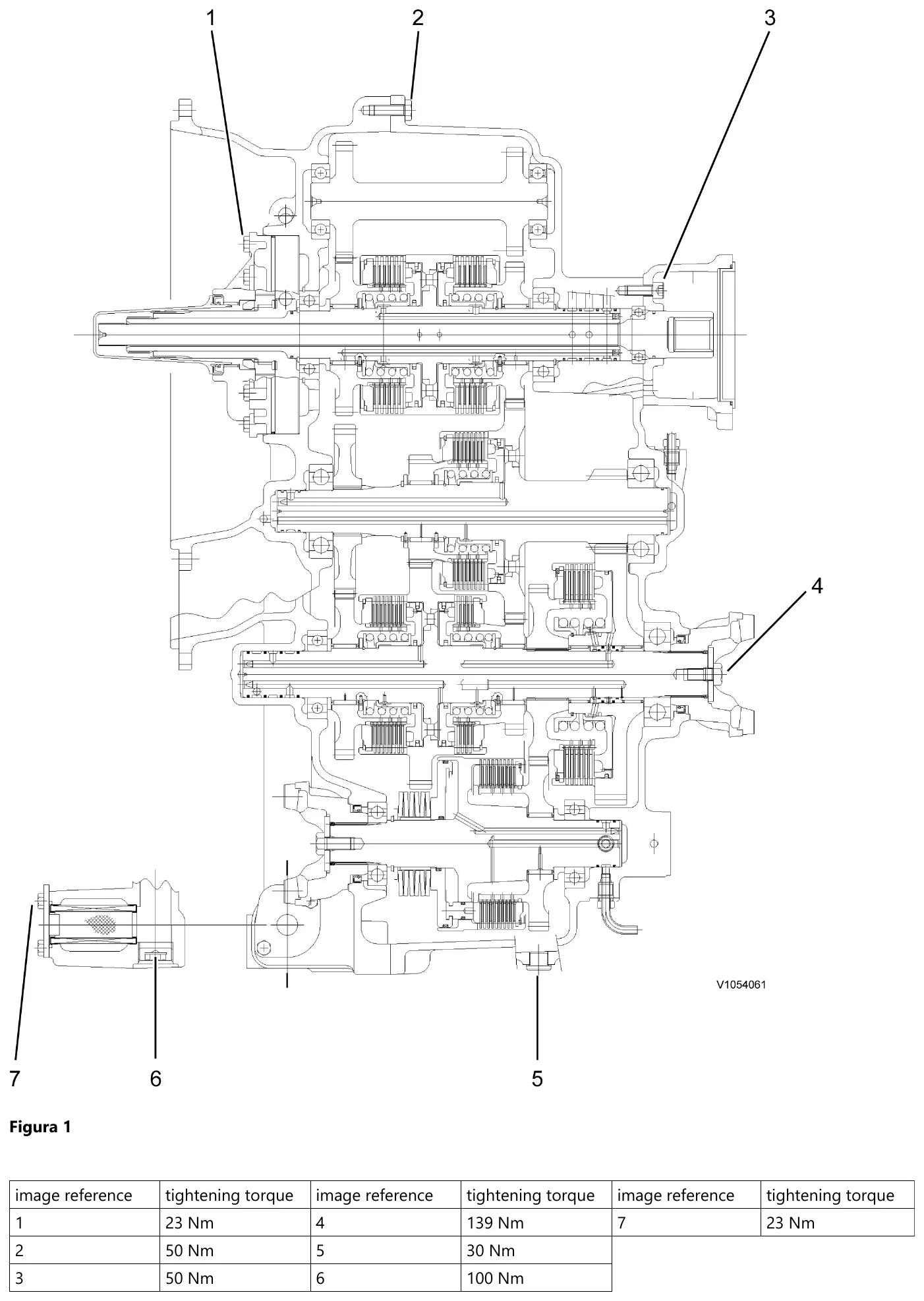 Primeira figura de torques de aperto do perfil Volvo TLB2 4WD-A, com sete pontos numerados e os valores de 23, 30, 50, 100 e 139 Nm