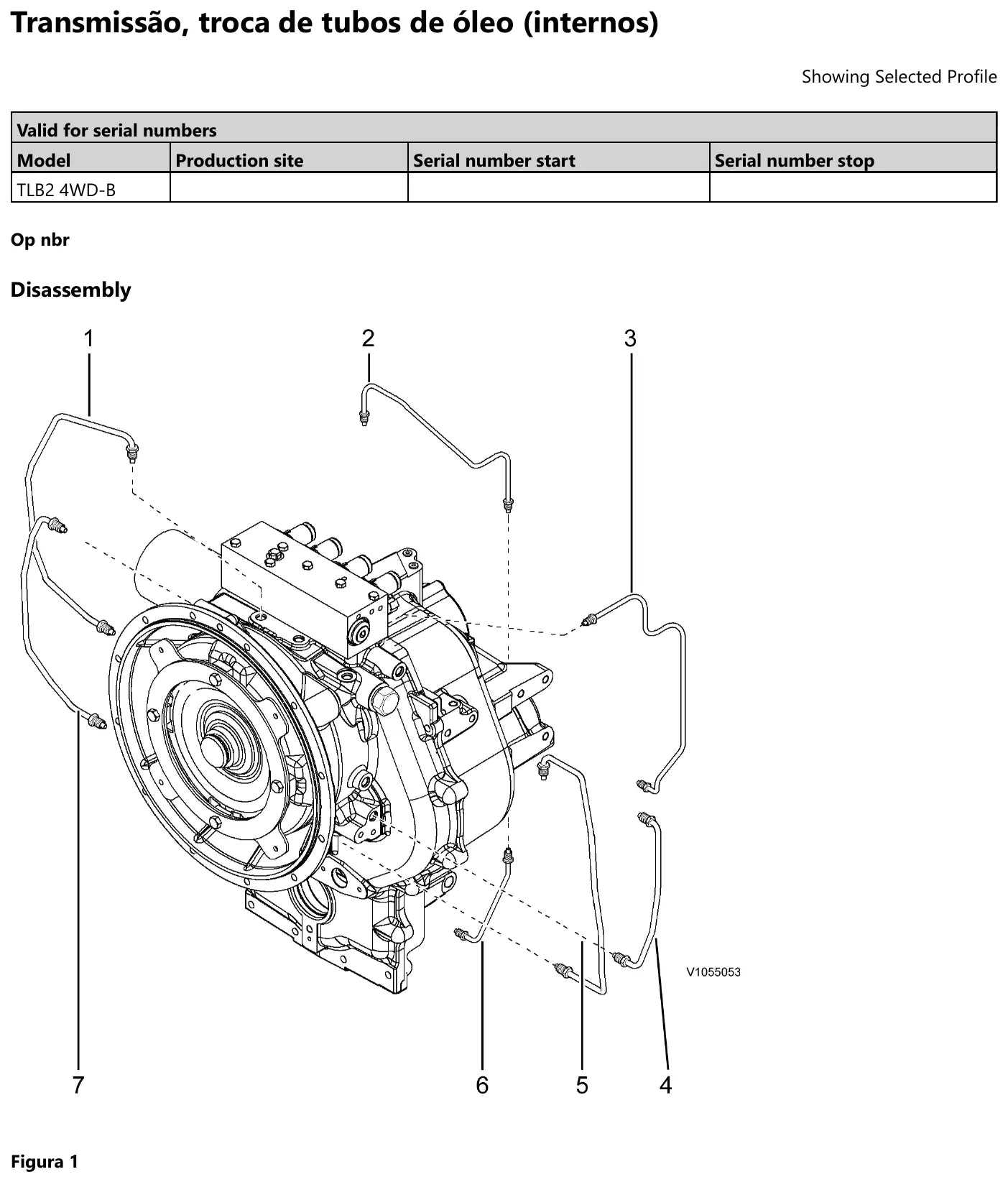 Etapa de desmontagem dos tubos de óleo internos da transmissão Volvo TLB2 4WD-B, antes de soltar as conexões roscadas