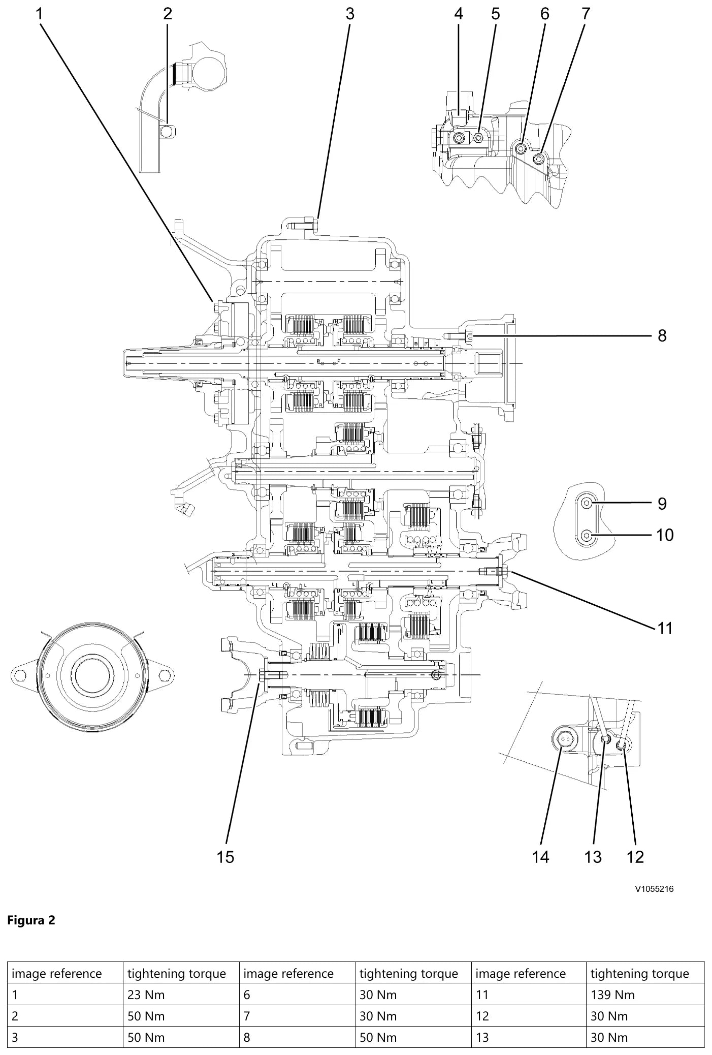 Segunda figura de torques de aperto do perfil Volvo TLB2 4WD-B, com quinze pontos numerados e valores de 23, 25, 30, 50 e 139 Nm