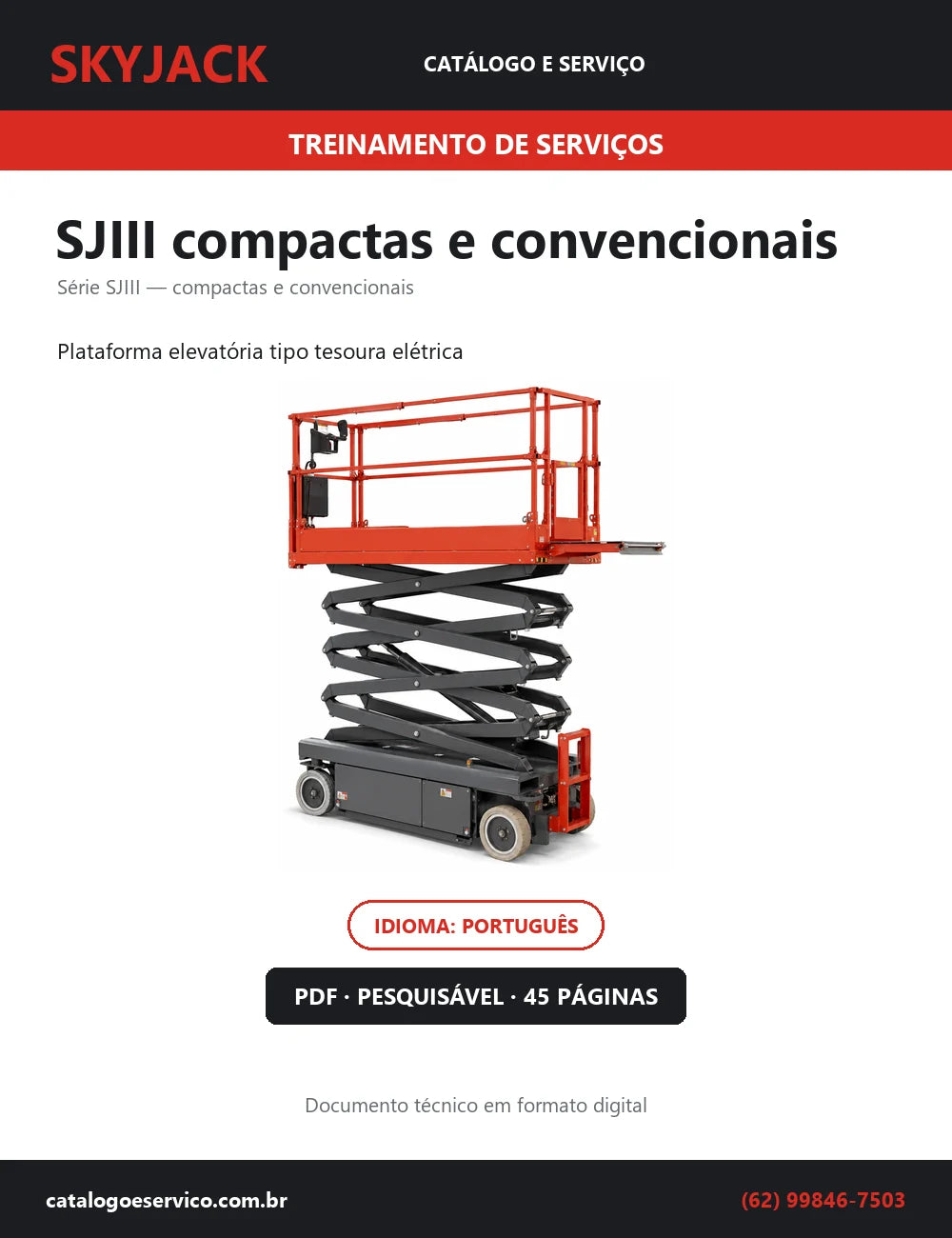 Capa do Treinamento de Serviços Skyjack SJIII compactas e convencionais — plataforma elevatória tipo tesoura elétrica, 45 páginas em PDF
