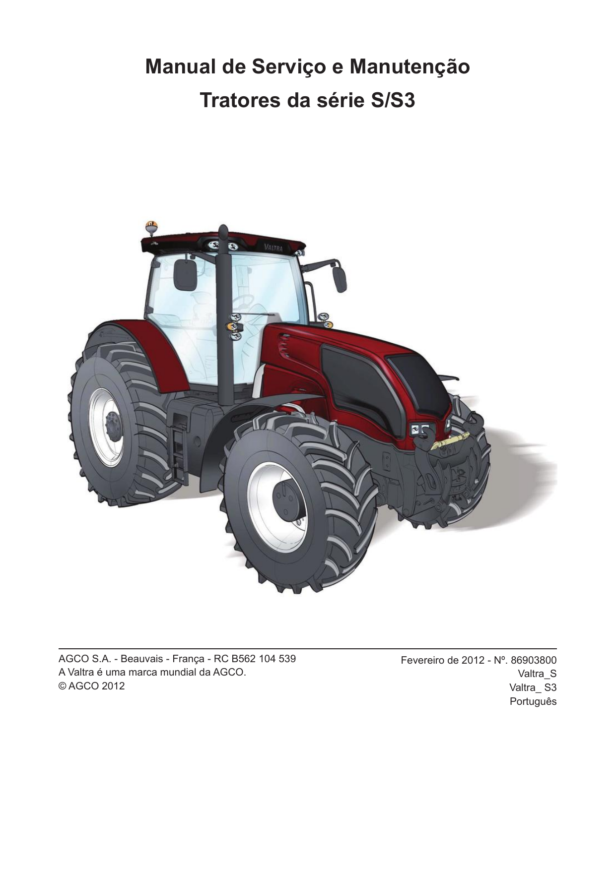Capa do manual de serviço Valtra Série S/S3 2012 com ilustração do trator