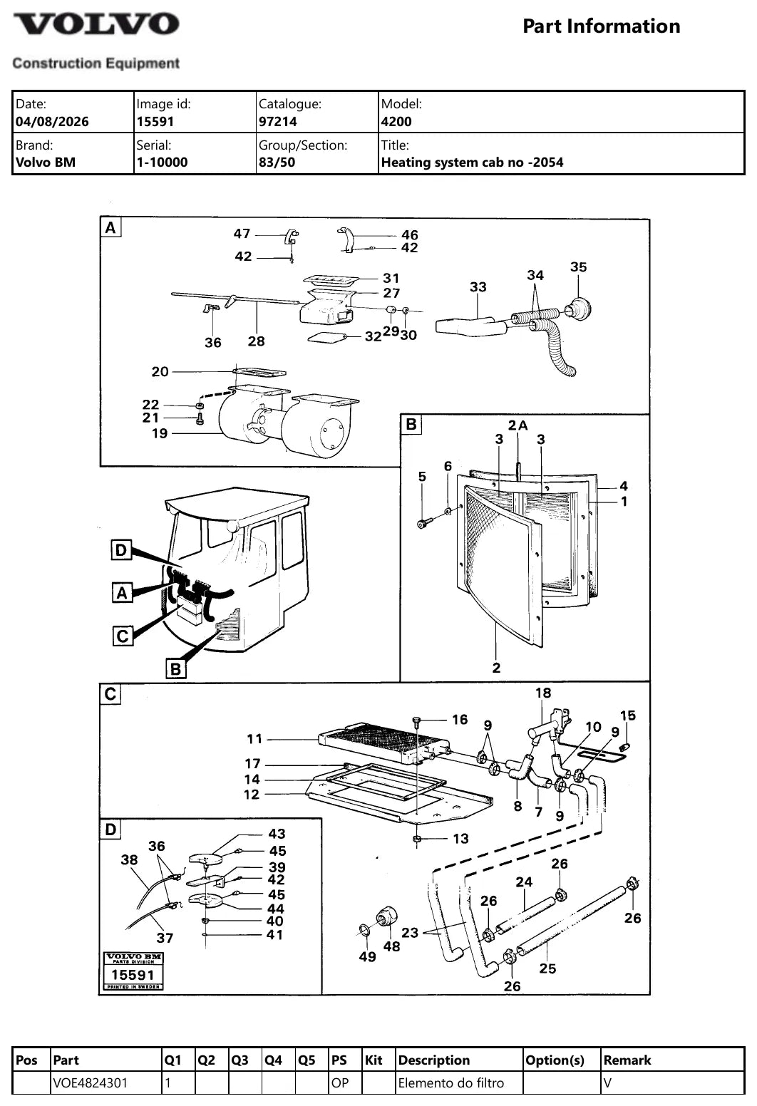 Catálogo de Peças Volvo BM 4200 — diagrama de componentes (página interna do PDF)