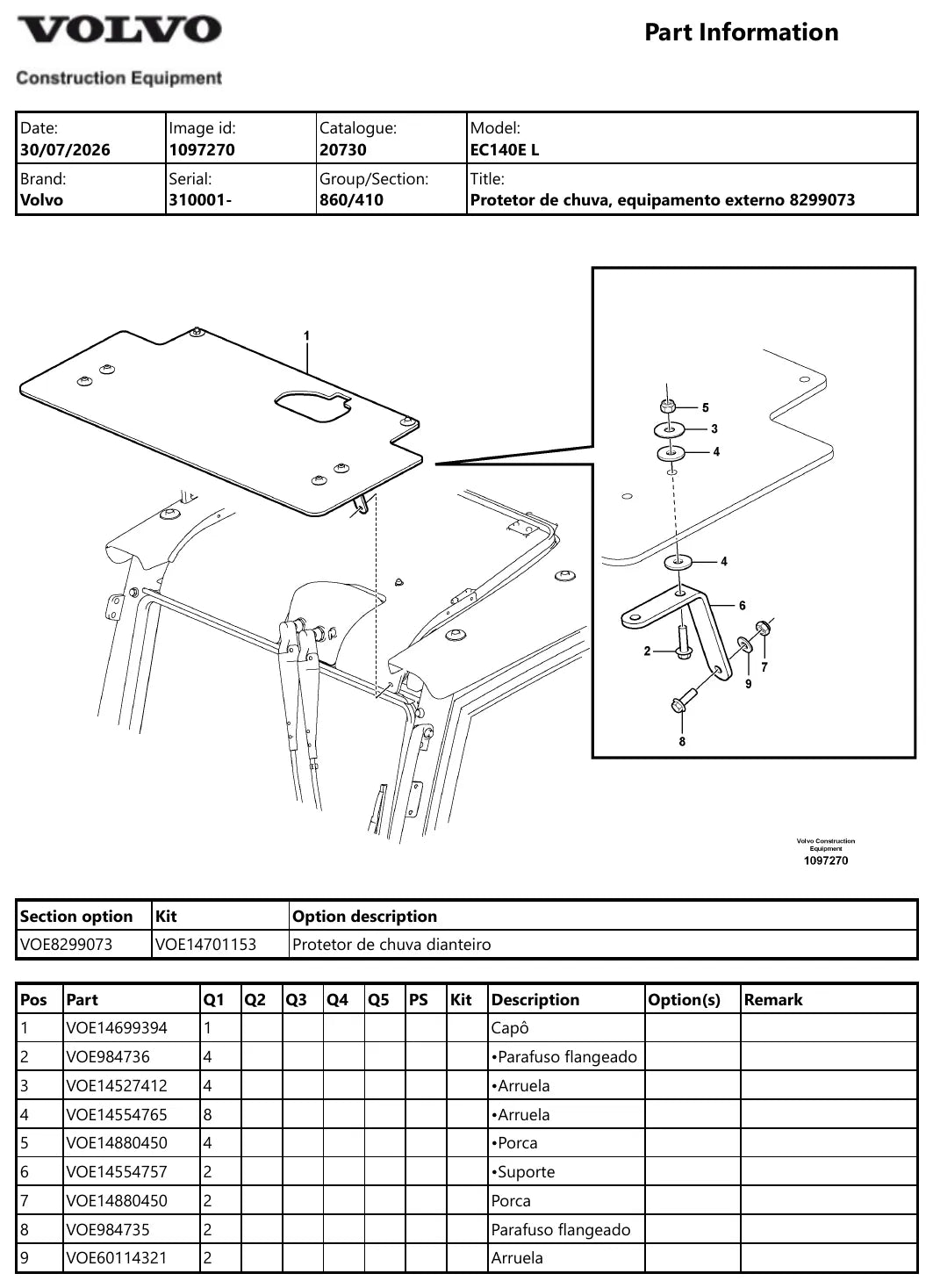 Catálogo de Peças Volvo EC140E L — diagrama de componentes (página interna do PDF)