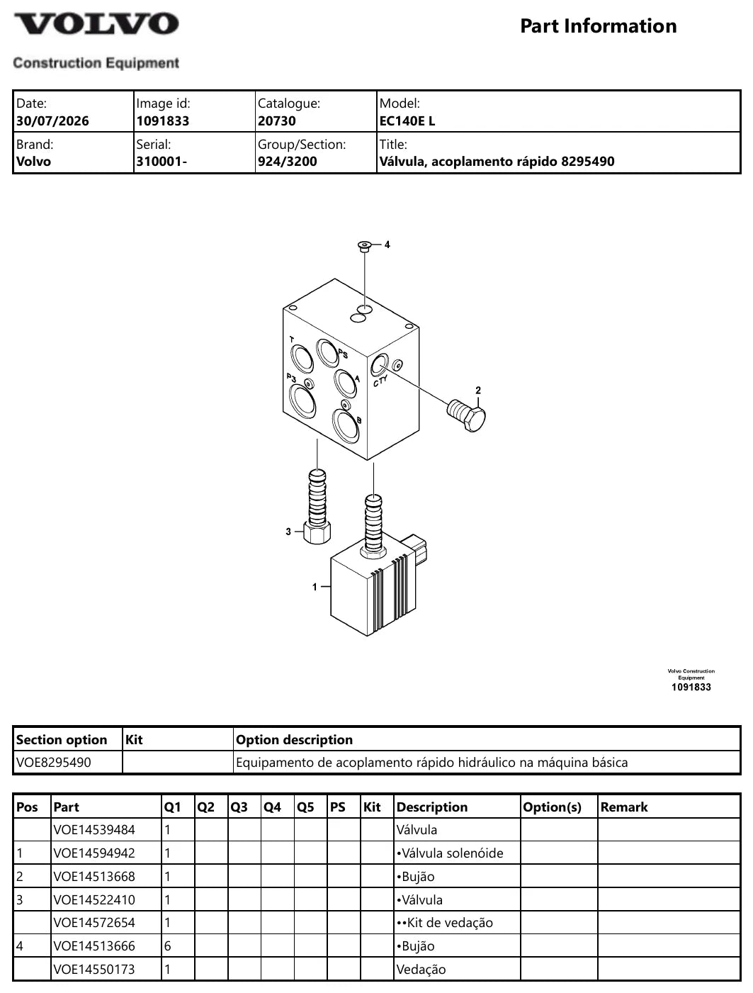 Catálogo de Peças Volvo EC140E L — vista técnica detalhada (página interna do PDF)