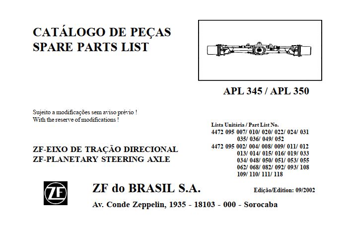 CATALOGO DE PEÇAS PDF EIXO APL 345  APL 350 - ZF