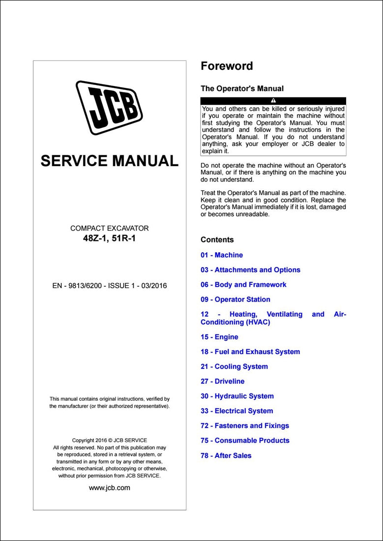 Manual de serviço de escavadeira JCB 48Z -1, 51R-1