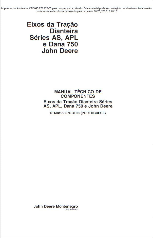 MANUAL DE SERVIÇO MECÂNICO JOHN DEERE - SERIES AS, APL, DANA 750