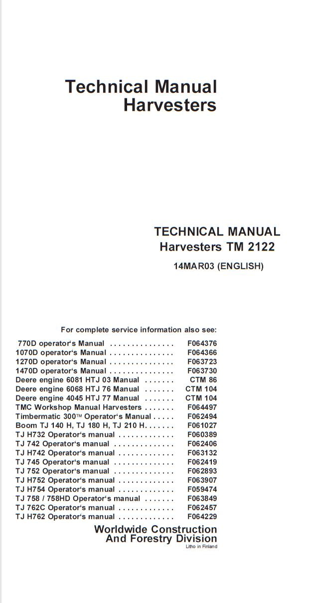 MANUAL DE SERVIÇO MECÂNICO JOHN DEERE - HARVESTERS TM 2122