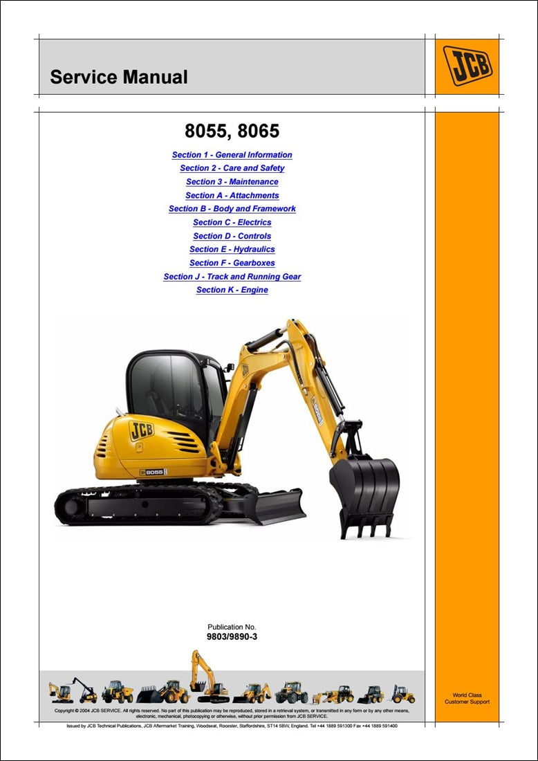 Manual de serviço de escavadeira JCB 8055, 8065 Midi