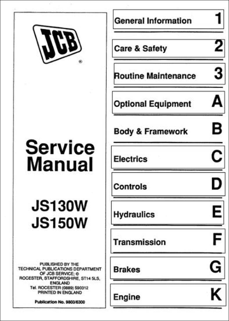 com rodas Manual de Serviço da Escavadeira JCB JS130W, JS150W (1993 – 1997)