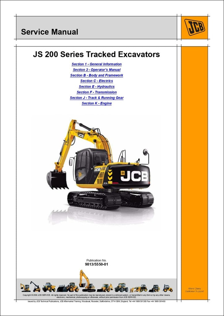 Manual de serviço da escavadeira JCB JS200LC, JS220LC, JS230LC, JS210LC, JS370LC