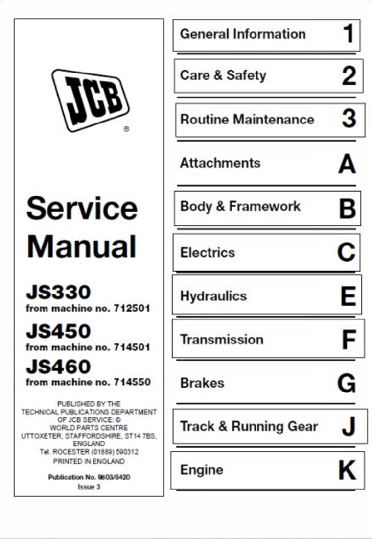 Rastreado Manualmente Manual de serviço de escavadeira JCB JS330, JS450, JS460