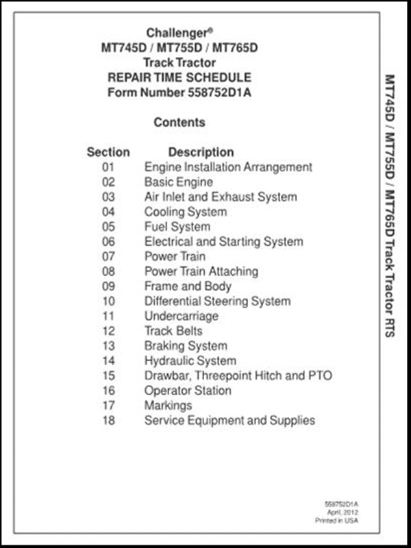 Repair Time Schedule CHALLENGER - MT745D,MT755D,MT765D - Tratores