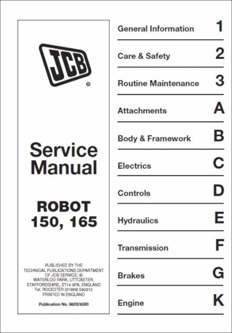 Manual de serviço do robô JCB 150, 165, 165HF Skidsteer Carregador