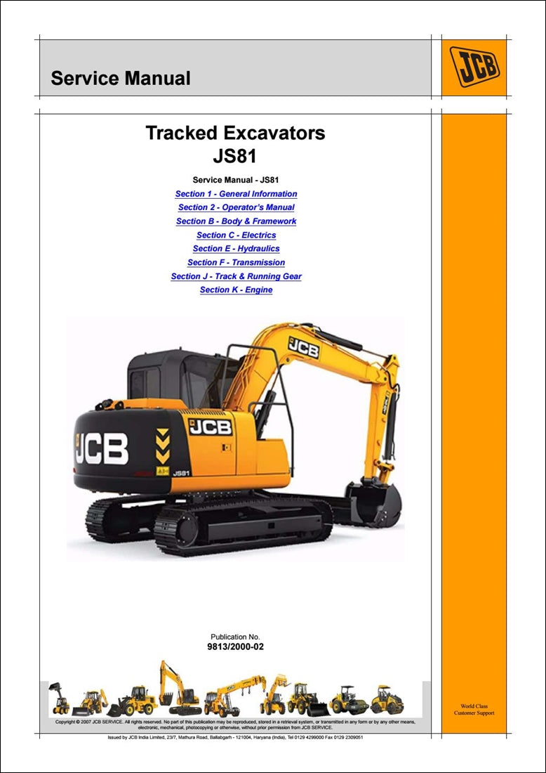 Rastreado Manual de serviço de escavadeira JCB JS81