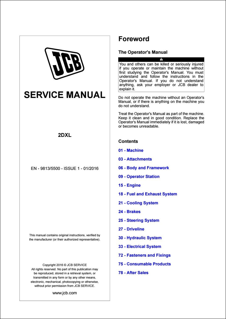 Manual de serviço da carregadeira JCB 2DXL