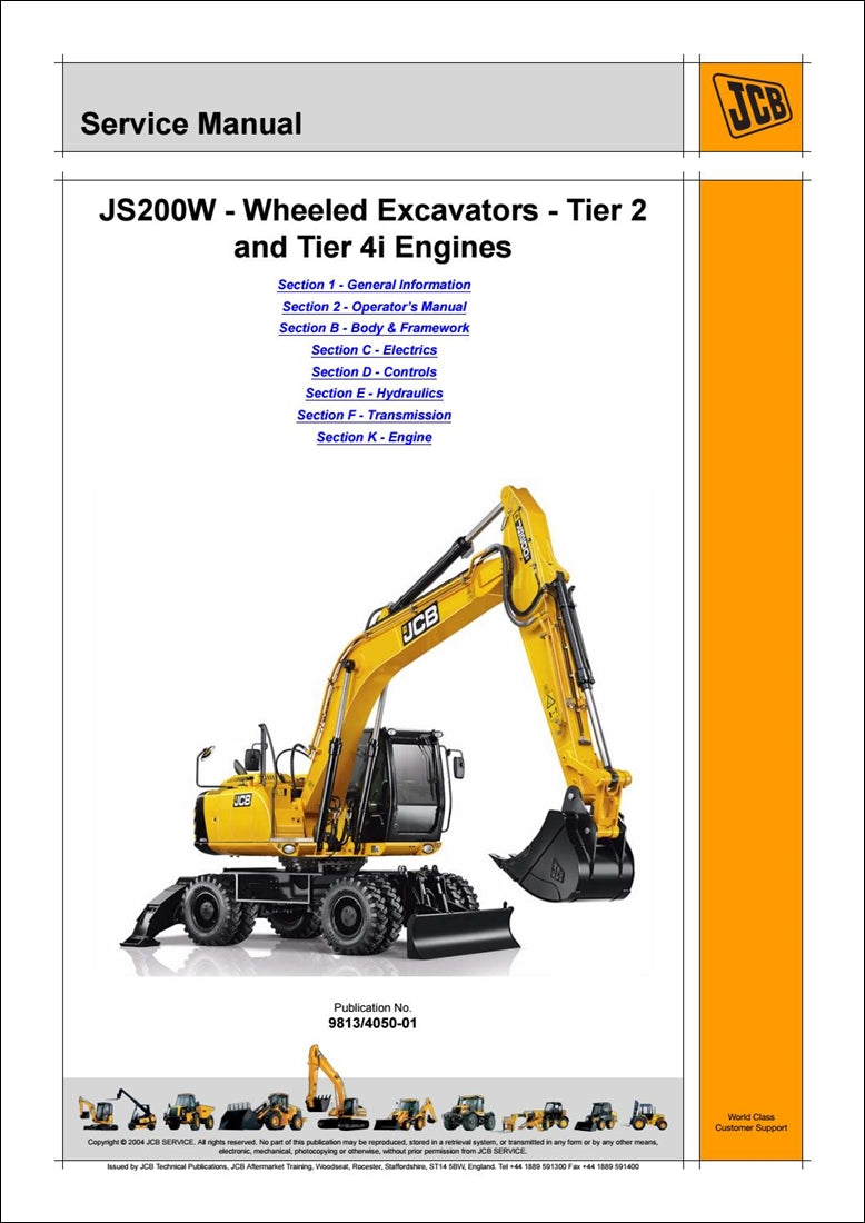 Rodas Manual de serviço de escavadeira JCB JS200W