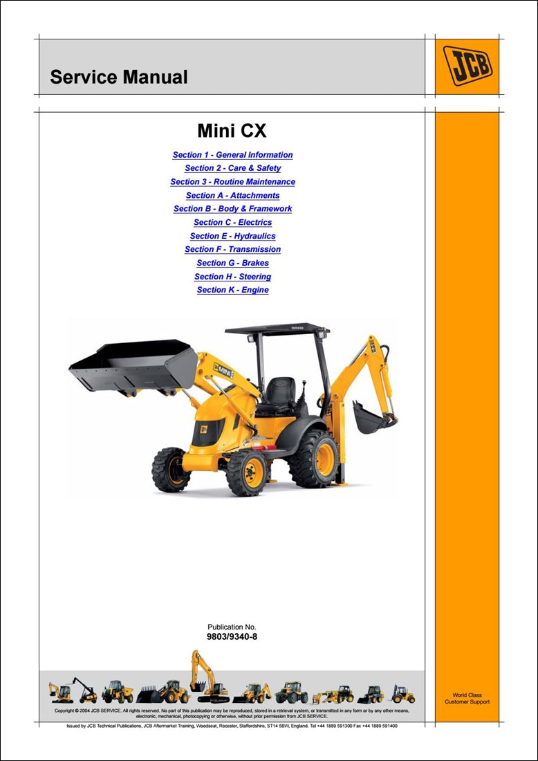 Manual de serviço da carregadeira Retroescavadeira JCB Mini CX