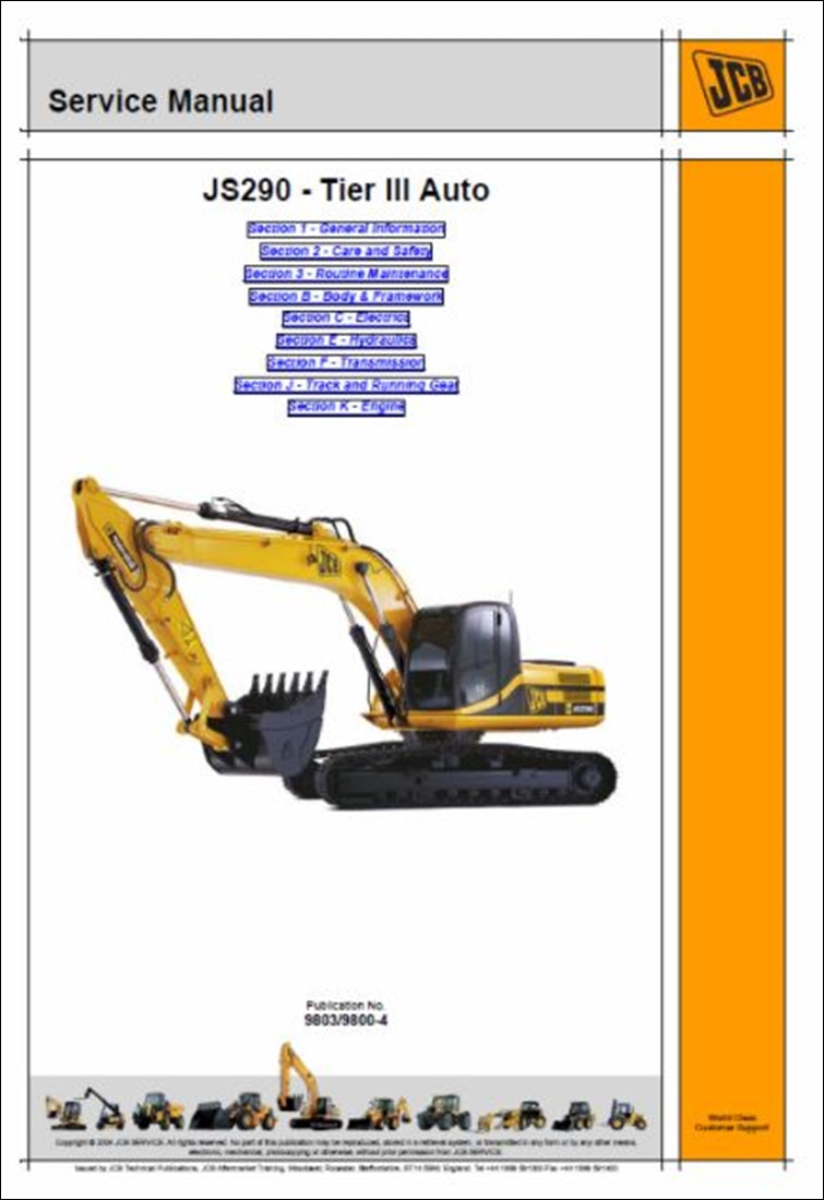 Rastreado Automático Manual de serviço de escavadeira JCB JS290 Nível 3