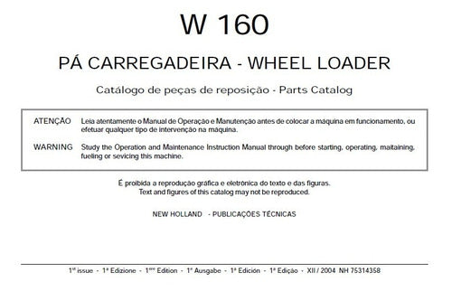 Catálogo De Peças New Holland W160 Pá Carregadeira