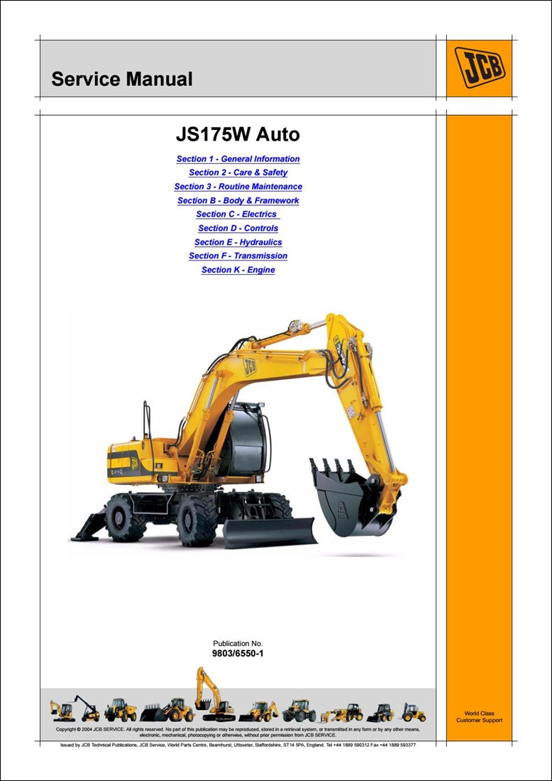 com rodas automáticas Manual de serviço de escavadeira JCB JS175W