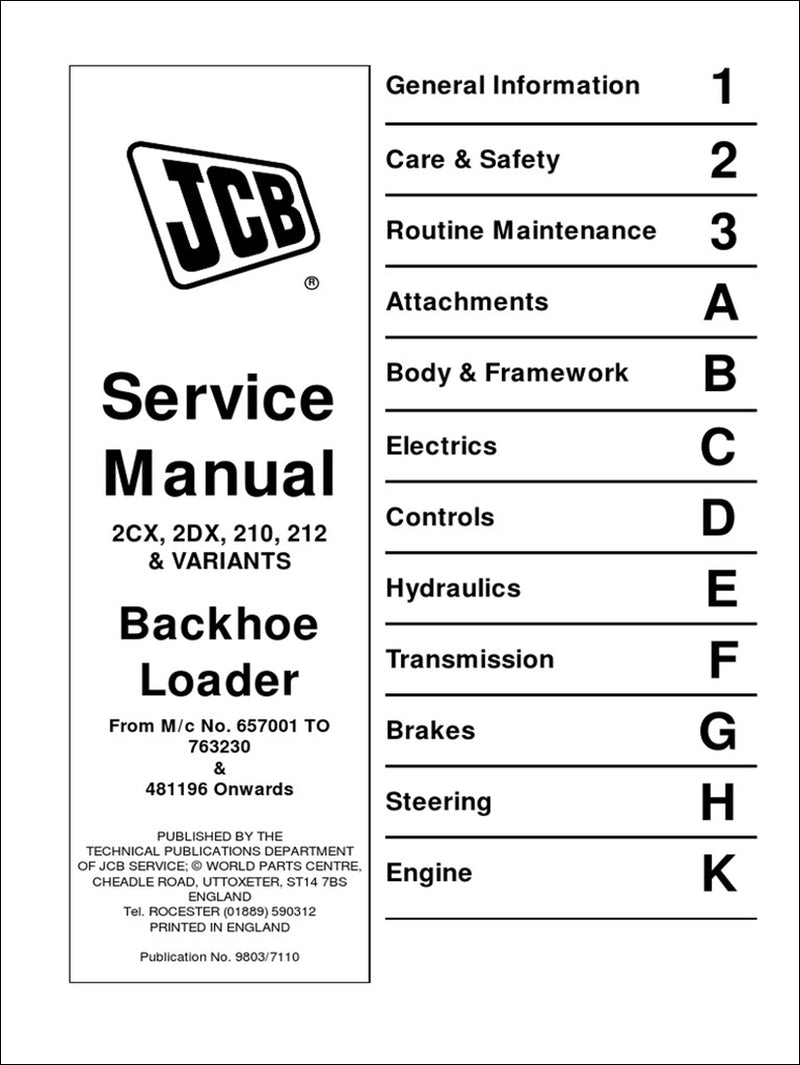 Manual de serviço da carregadeira JCB 2CX, 2DX, 210, 212