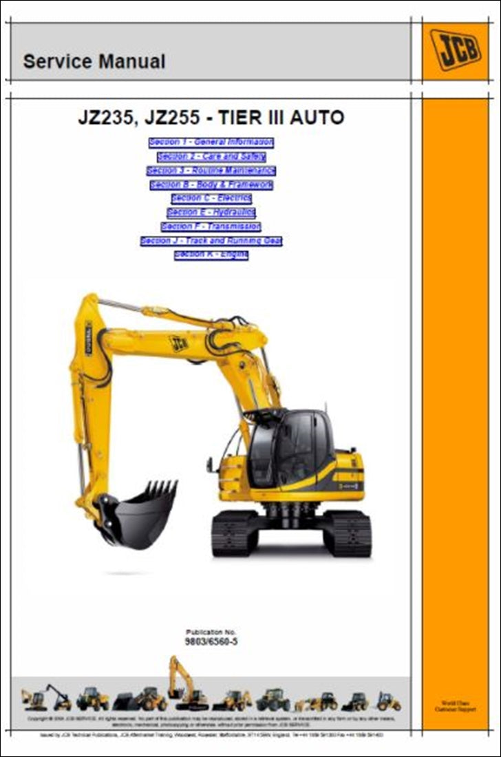 rastreamento automático Manual de serviço de escavadeira JCB JZ235, JZ255 TIER 3