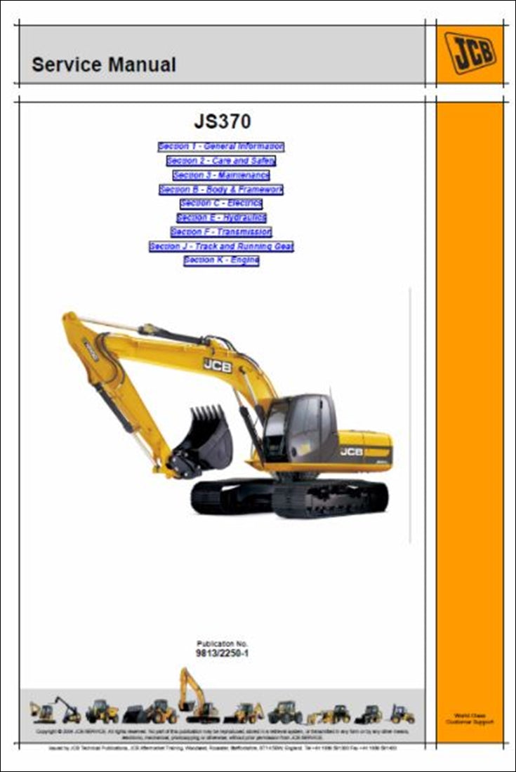 Rastreado Manual de serviço de escavadeira JCB JS370