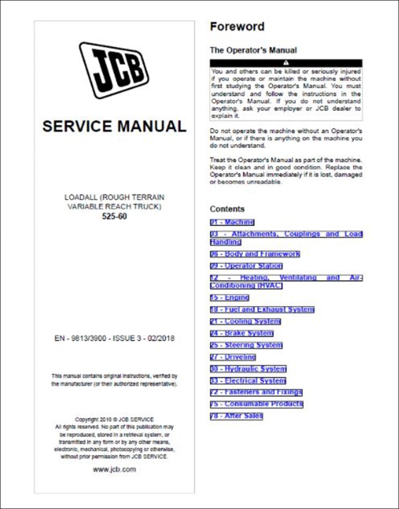 Telescópico Manual de serviço dos manipuladores JCB 525-60 Loadall