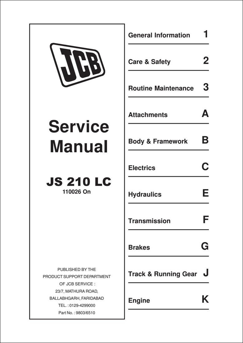 Rastreado Manual de serviço de escavadeira JCB JS210 LC