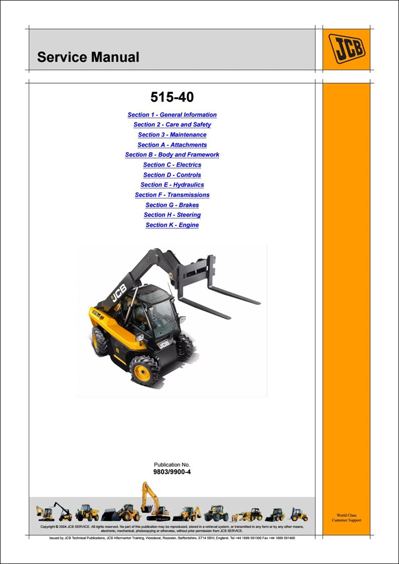 Telescópico Manual de serviço dos manipuladores JCB 514-40 Loadall