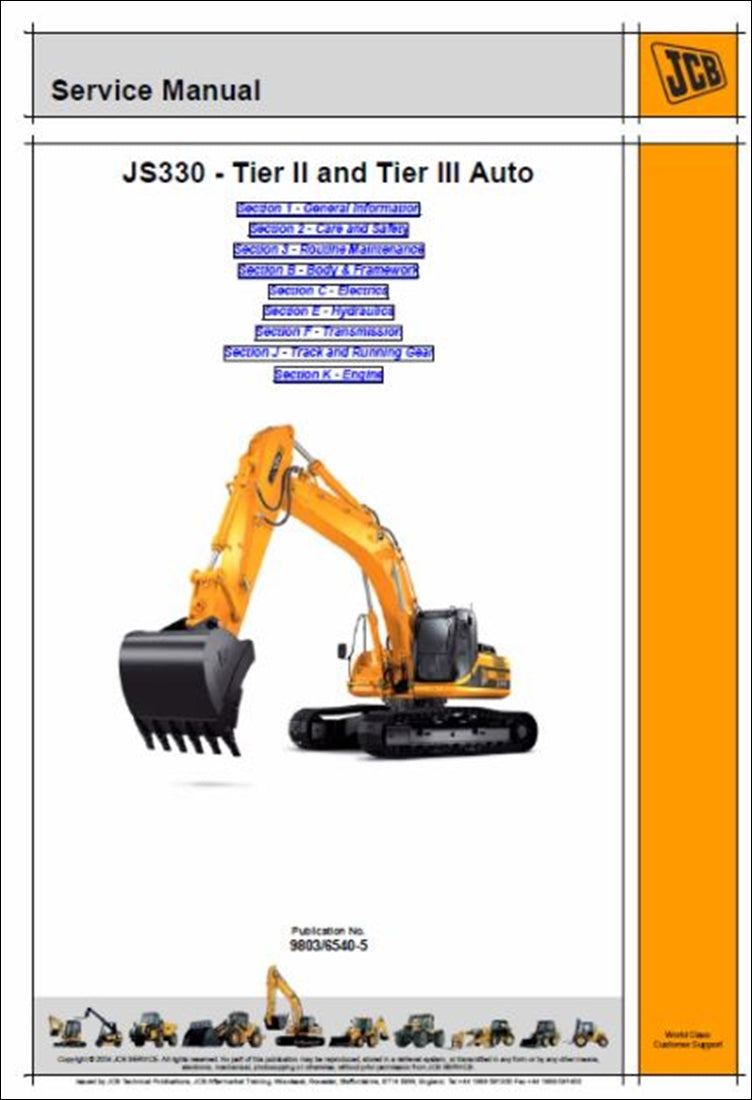 Rastreado automaticamente Manual de serviço de escavadeira JCB JS330 Nível 2 e Nível 3