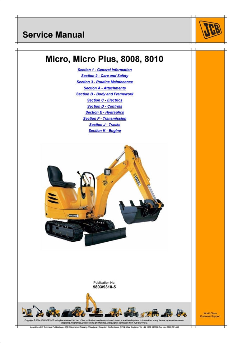 Manual de serviço da escavadeira JCB 8008, 8010 Micro, Micro Plus