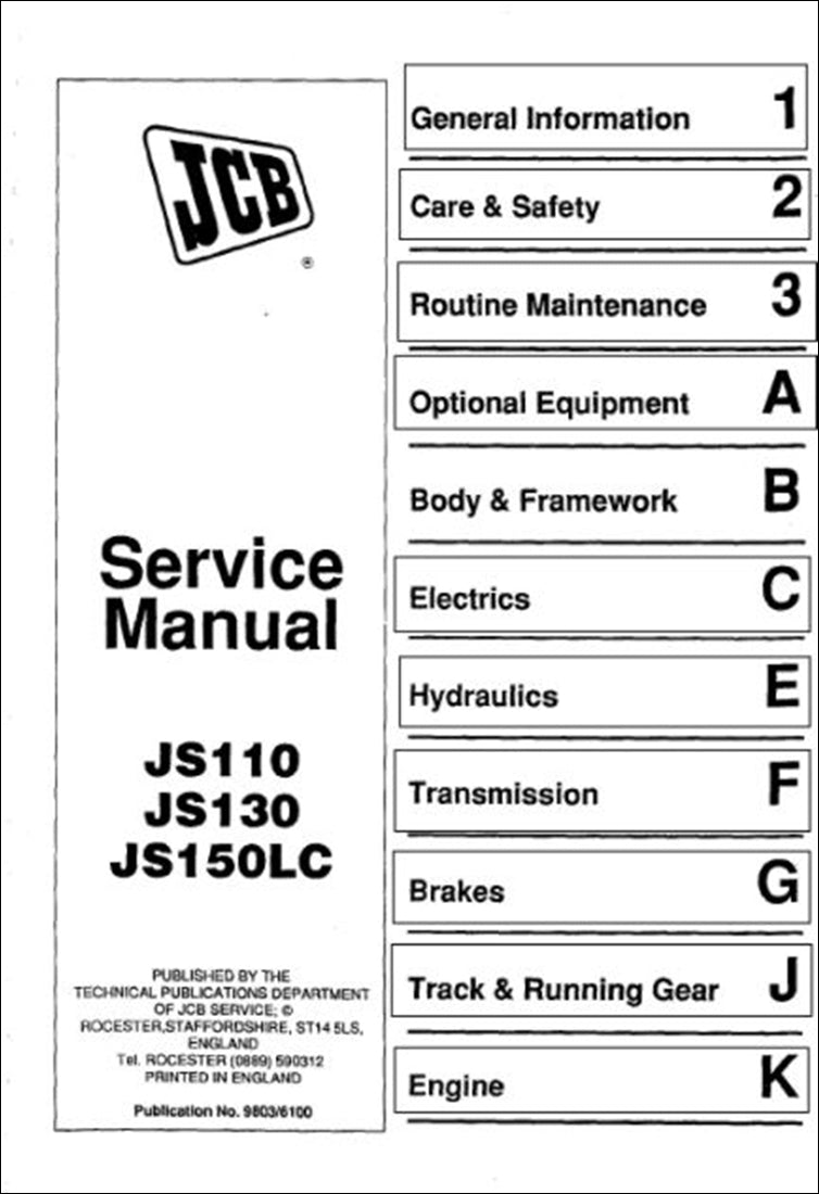 Rastreado Manual de serviço de escavadeira JCB JS110, JS130, JS150LC