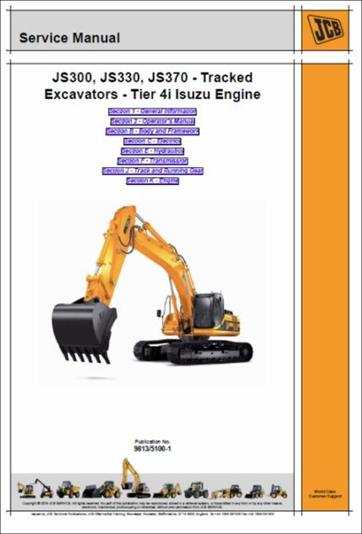 Rastreado Manual de serviço de escavadeira JCB JS300, JS330, JS370