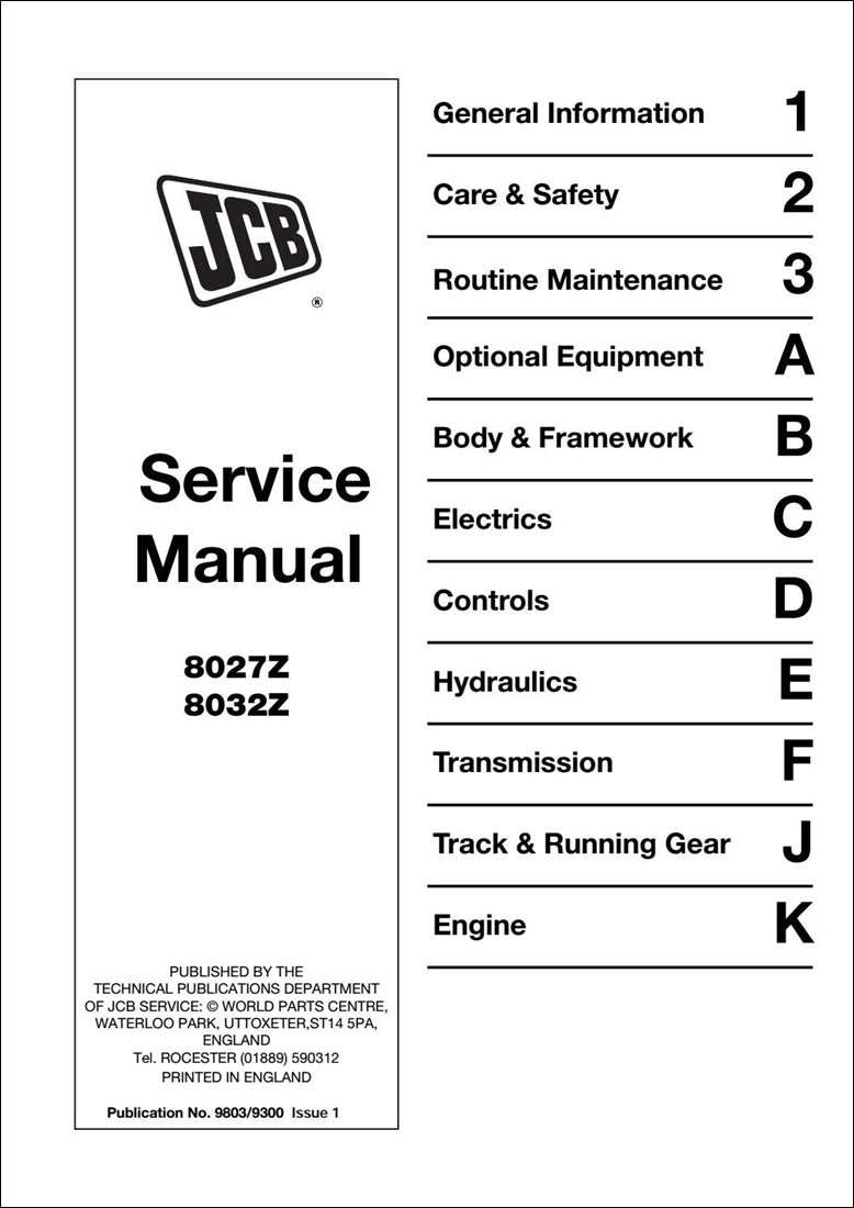 Manual de serviço da miniescavadeira JCB 8027Z, 8032Z