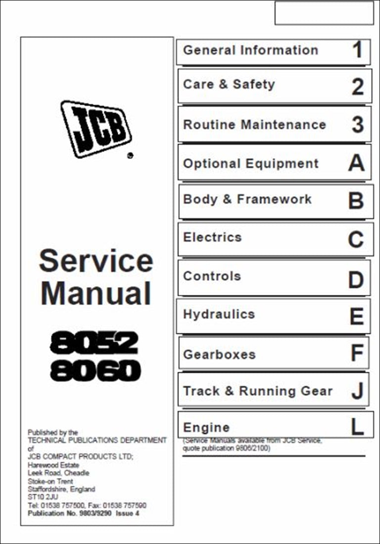 Manual de serviço da miniescavadeira JCB 8052, 8060