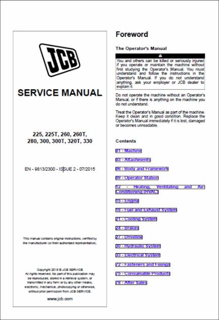 Manual de Serviço  Minicarregadeira JCB 225 225T, 260, 260T, 280, 300, 300T, 320T, 325T, 330