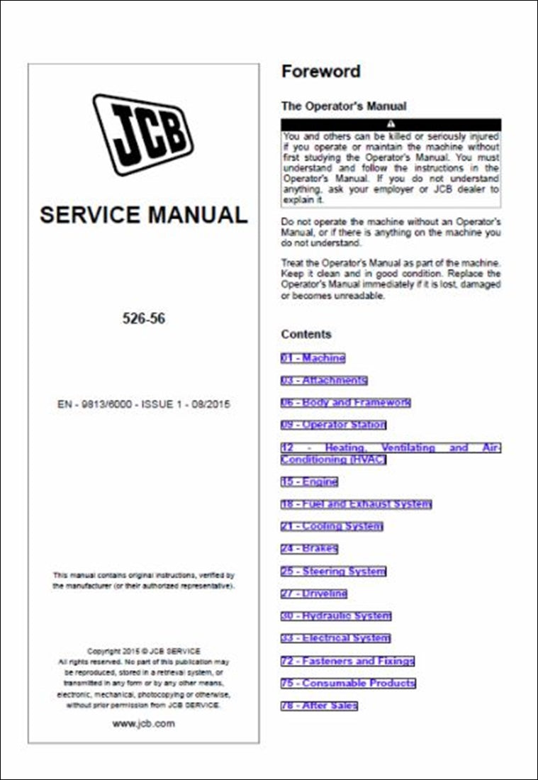 Telescópico Manual de serviço dos manipuladores JCB 526-56 Loadall