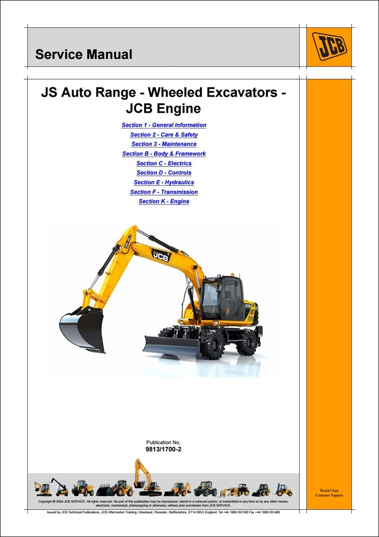 Rodas Manual de serviço de escavadeira JCB JS145W, JS160W