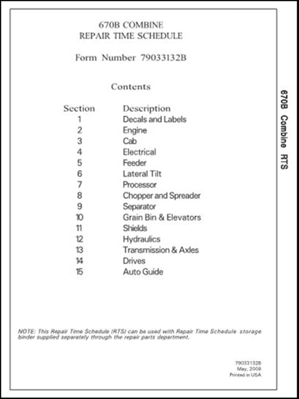 Repair Time Schedule CHALLENGER - 670B Combine - Colhetadeira