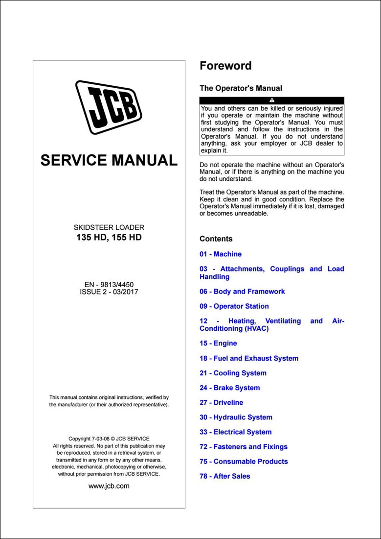 Manual de serviço carregadeira JCB 135 HD, 155 HD Skid