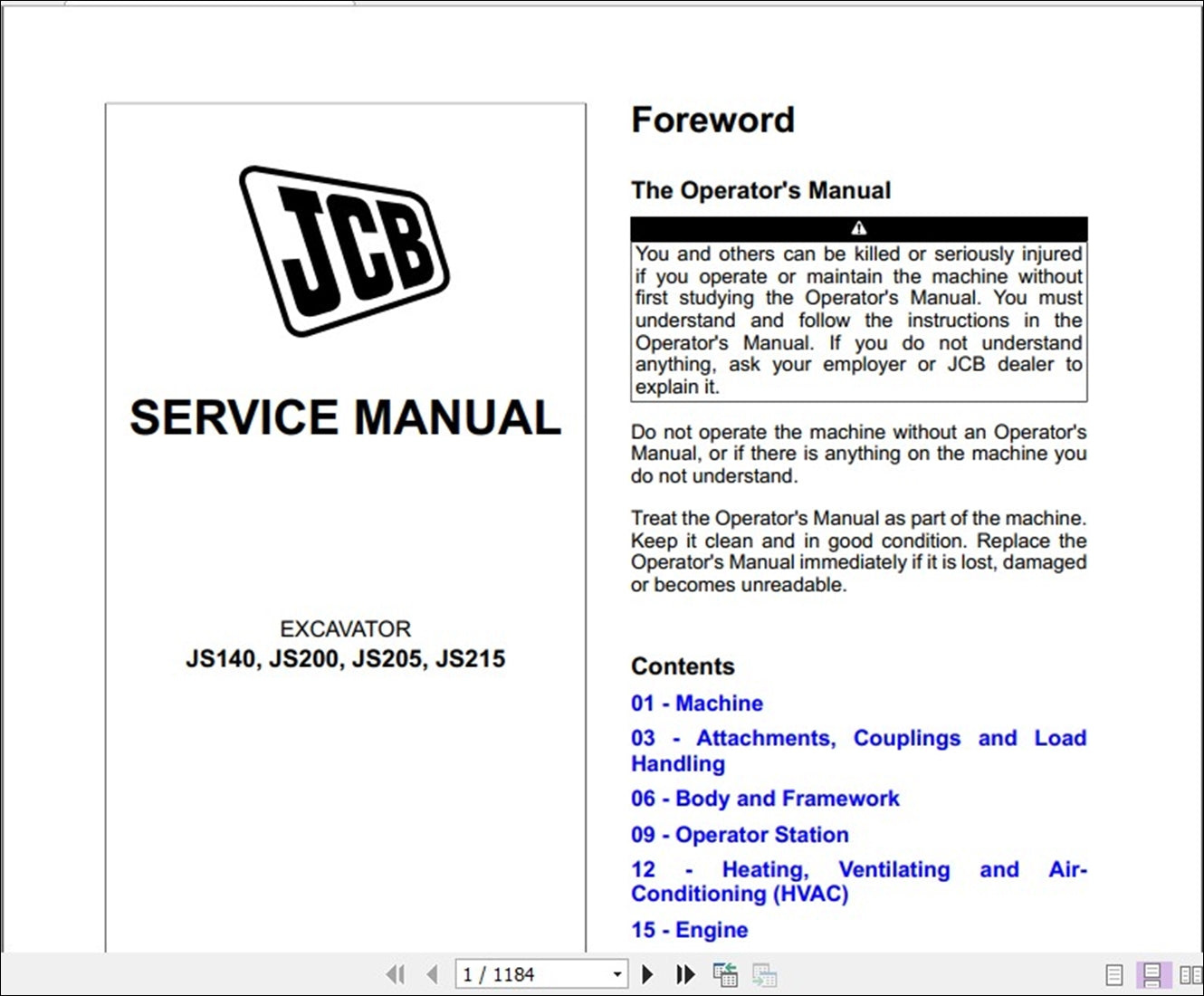 Manual de serviço da escavadeira JCB JS140, JS200, JS205, JS215