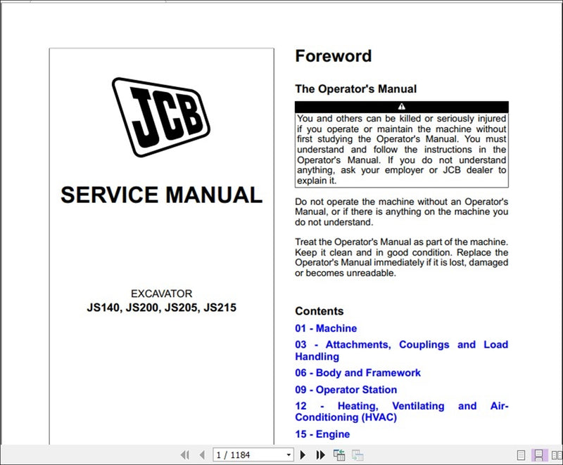 Manual de serviço da escavadeira JCB JS140, JS200, JS205, JS215